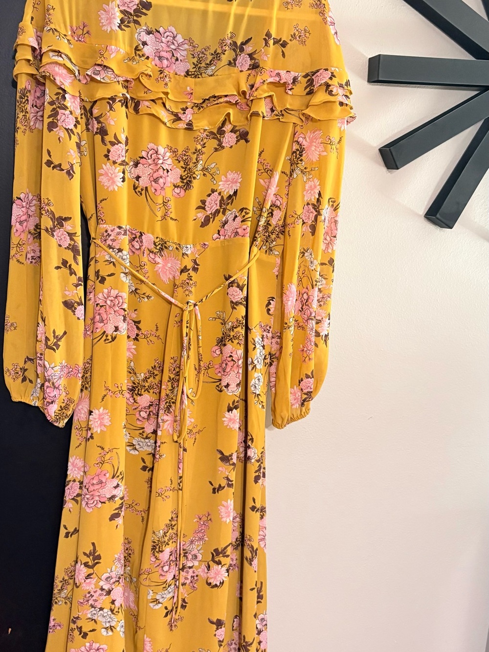 WAYF Floral Wrap Maxi Dress - Mustard with Pink Floral - Picture 2 of 9